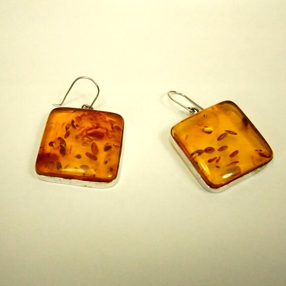 Huge Square Amber Dangle Earrings - Amber And 925 Silver - Rare Gift For Her - Picture 5 of 11